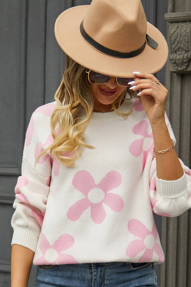 WOMEN FLOWER PATTERN SLIM KNITTED SWEATER_CWOSWL1448