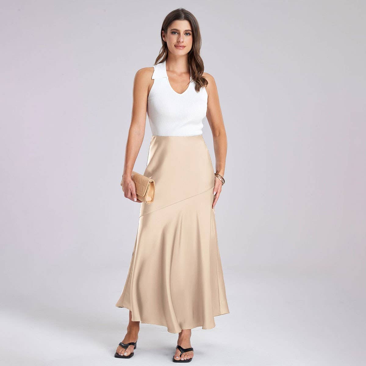SATIN SKIRT HIGH WAIST STITCHING LONG SKIRT