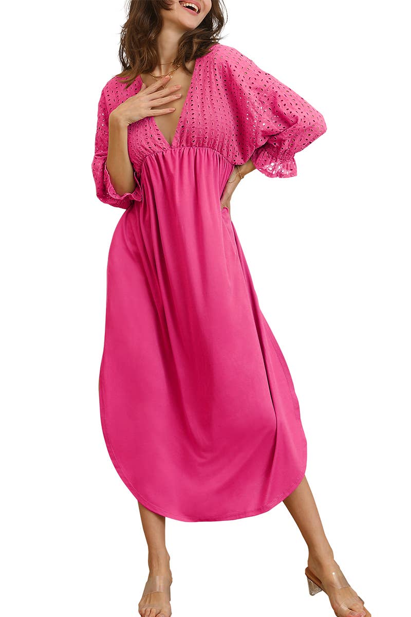 CWDMD795_3/4 SLEEVE V NECK LONG DRESS