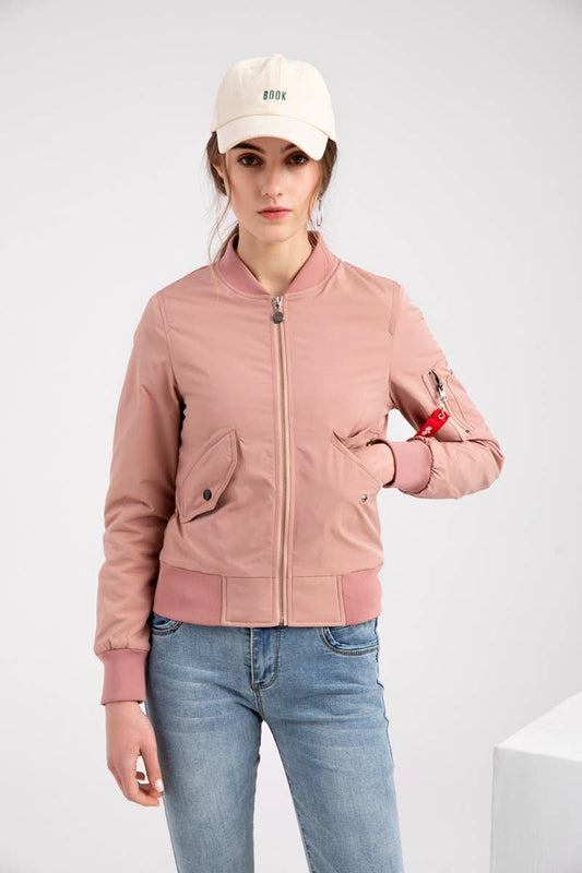 SOLID COLOR ZIPPER BOMBER JACKET