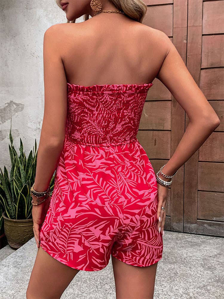 ONE-LINE SHOULDER ELASTIC PRINT TOP UP JUMPSUIT