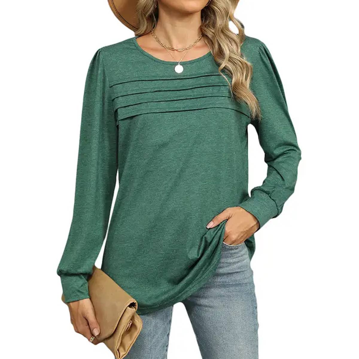 SOLID COLOR U-NECK PLEATED LONG SLEEVE T-SHIRT