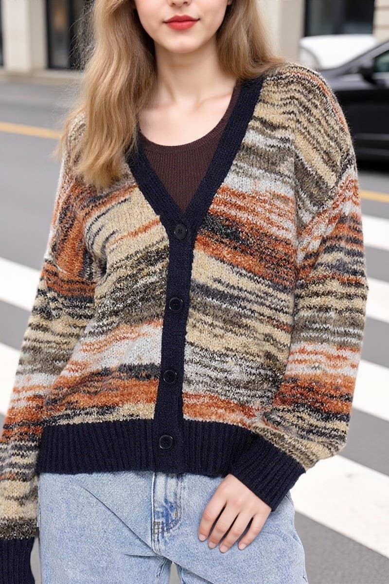 CWOCAL00829_GRADIENT STRIPE V NECK CROPPED KNIT CARDIGAN