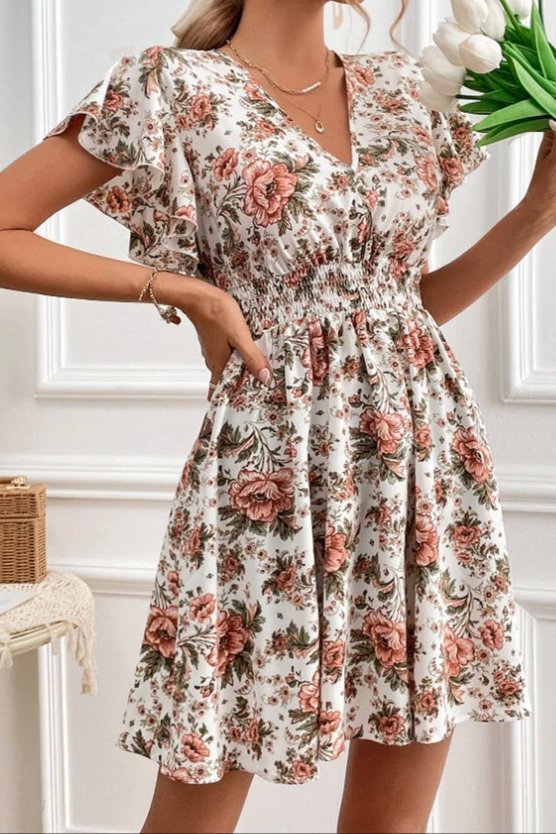 CWDSD8784_SUMMER LACE SLEEVE WAIST FLORAL DRESS