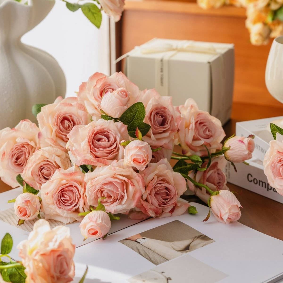 2-Flower 1-Bud Burnt Edge Dried Rose Artificial_CWMM6477