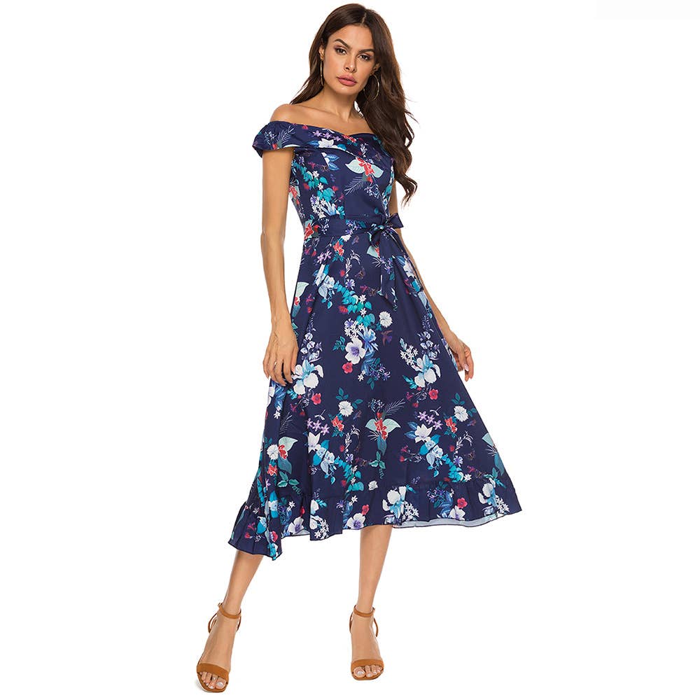 Off Shoulder Tie Waist Printed Maxi Dress