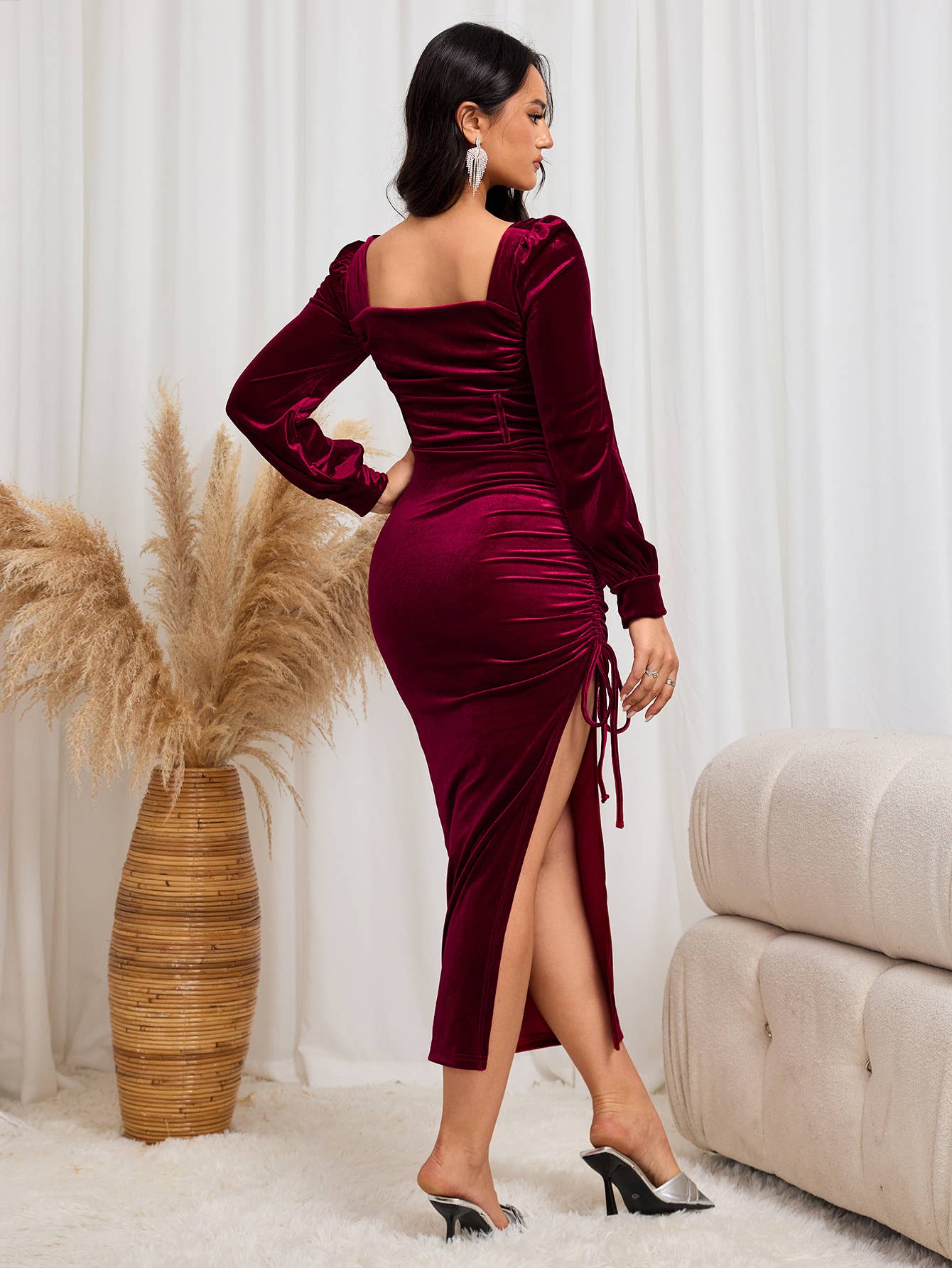 SQUARE NECK SEXY HIGH SLIT VELVET DRESS