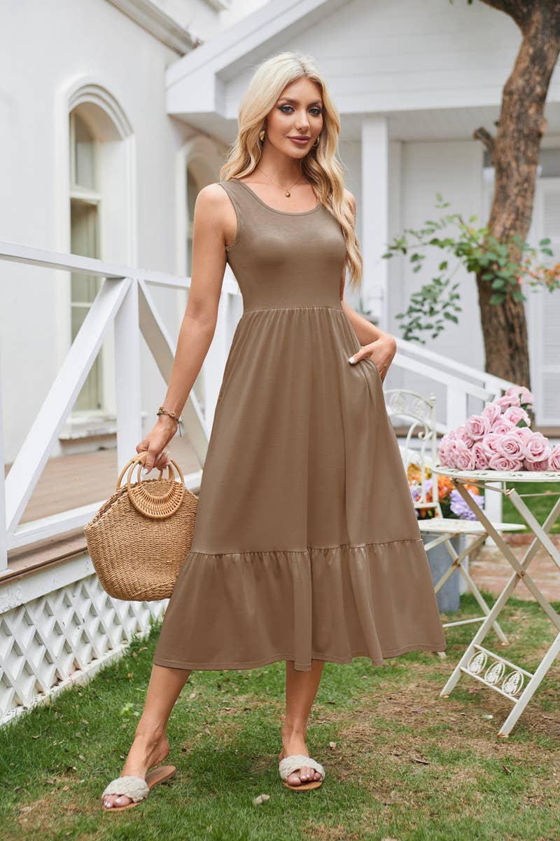 Square neck pleated large swing sleeveless dress
