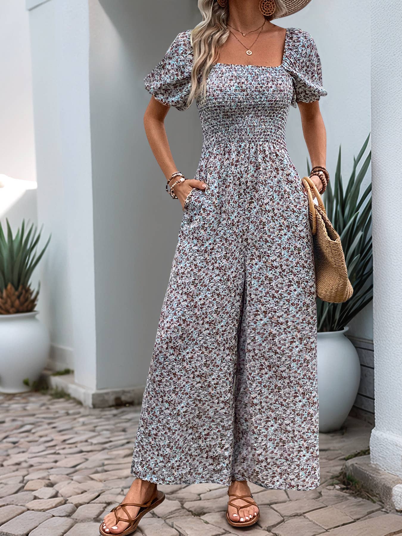 Puffy sleeves slim tight floral print jumpsuit