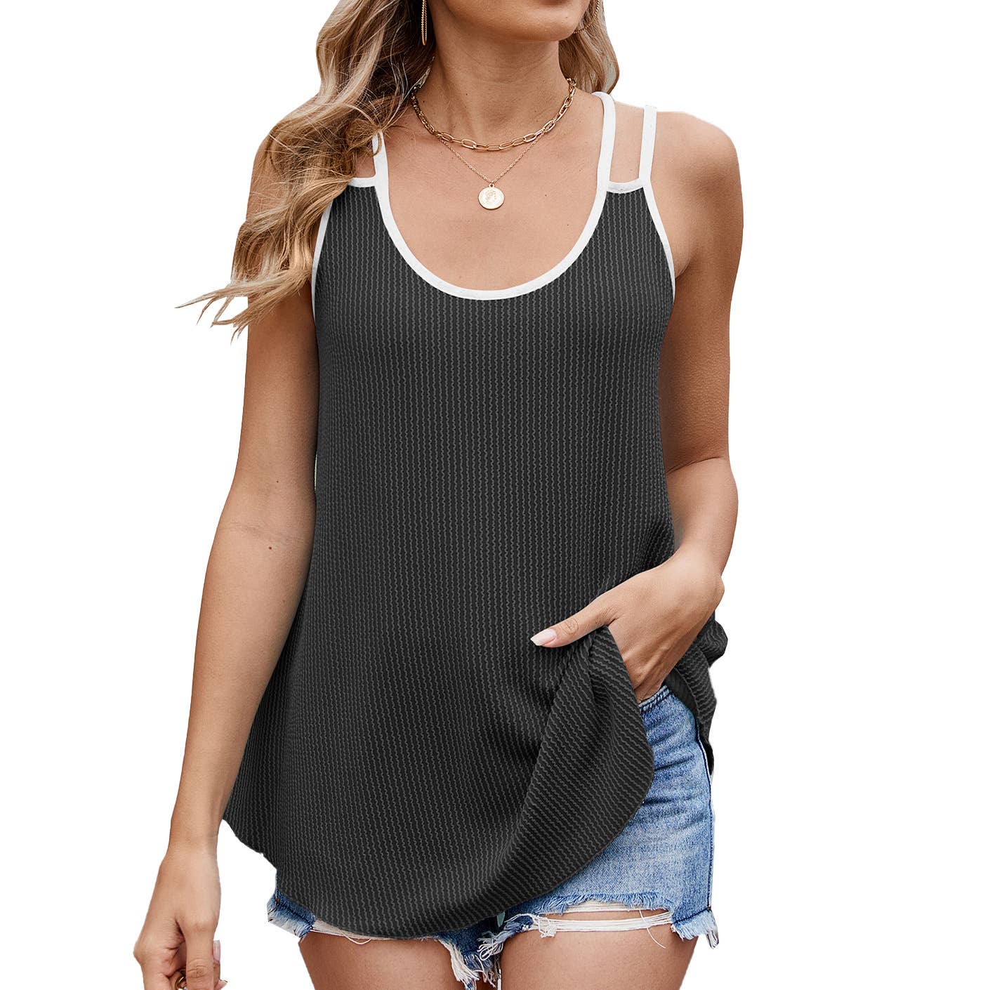 Round neck solid color loose casual tank top