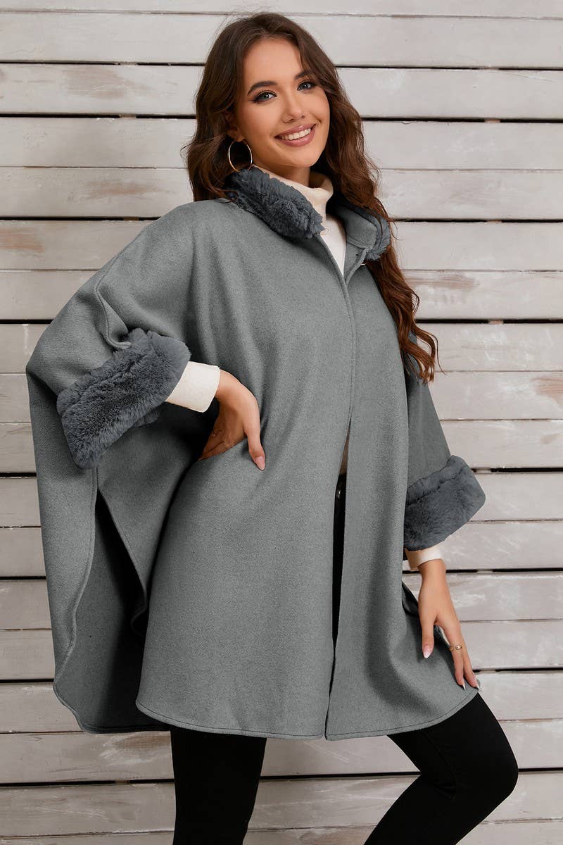 CWOCO0950_SOLID COLOR FUR COLLAR CAPE COAT