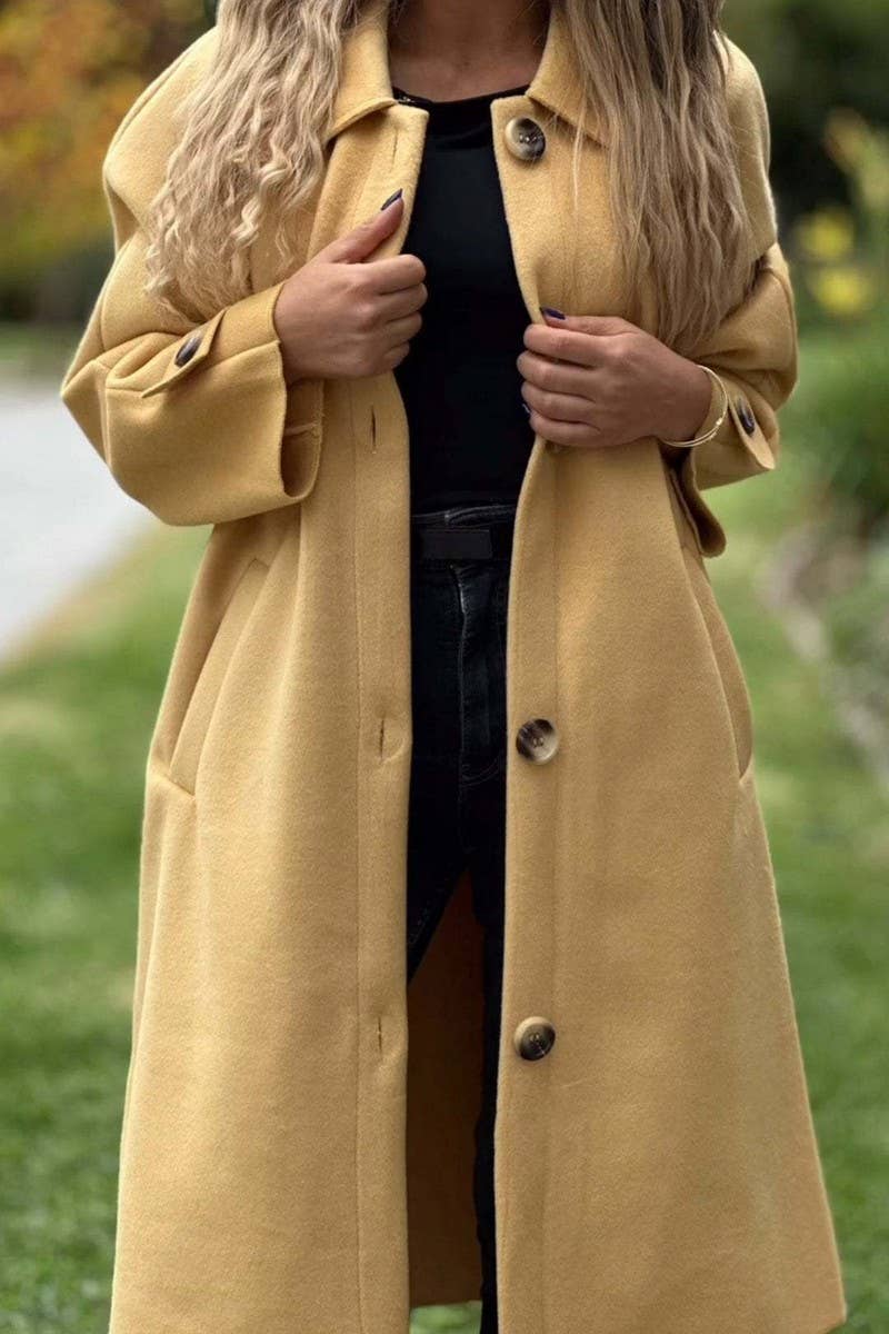 CWOCO1086_CASUAL BUTTON LONG SOLID COLOR WOOLEN COAT