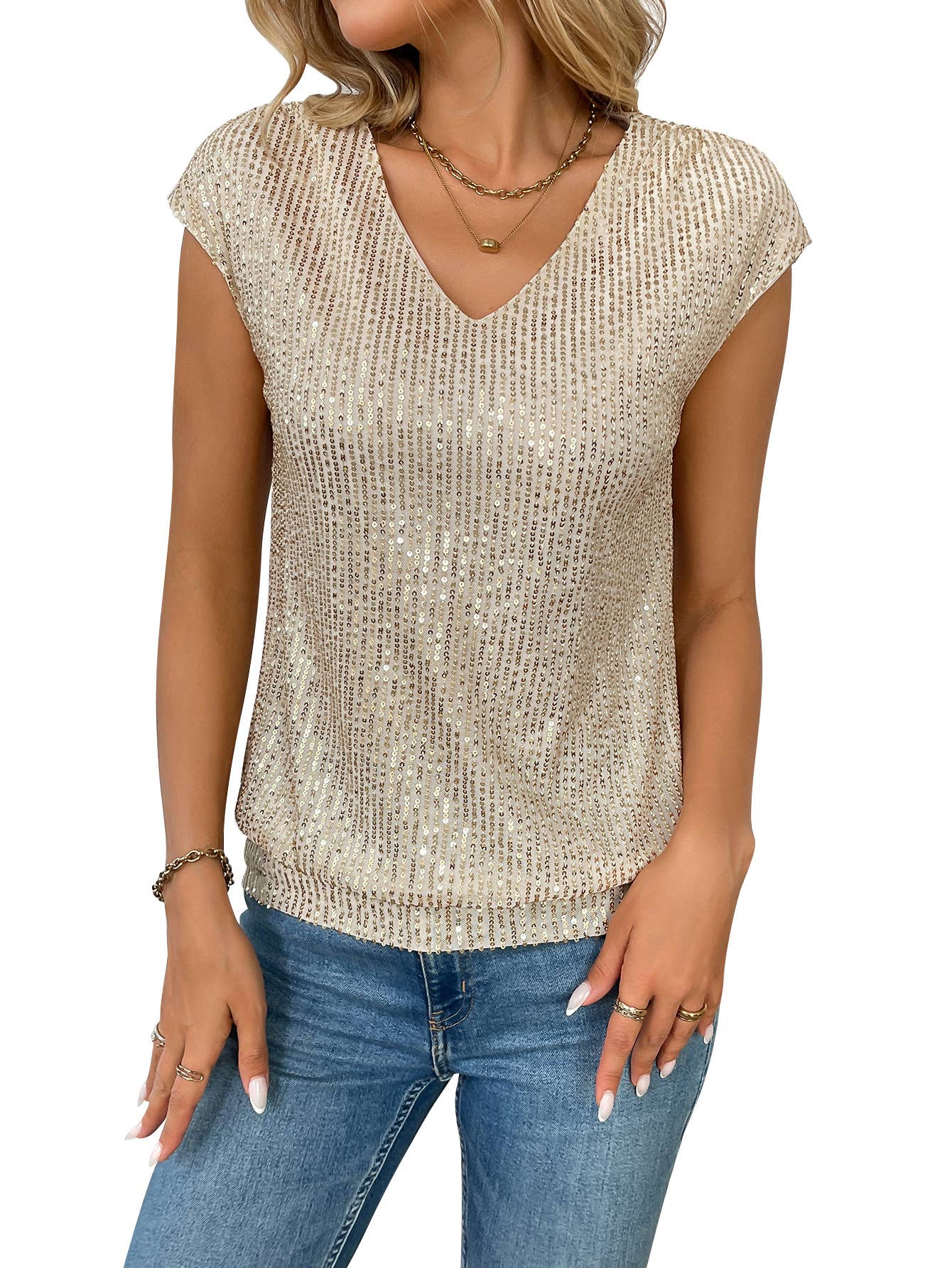 V-neck sequined short-sleeved slim-fit top
