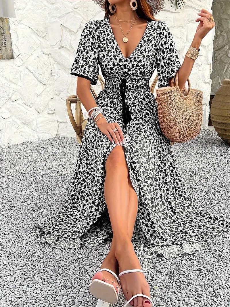 V-neck high-waisted elegant printed dress