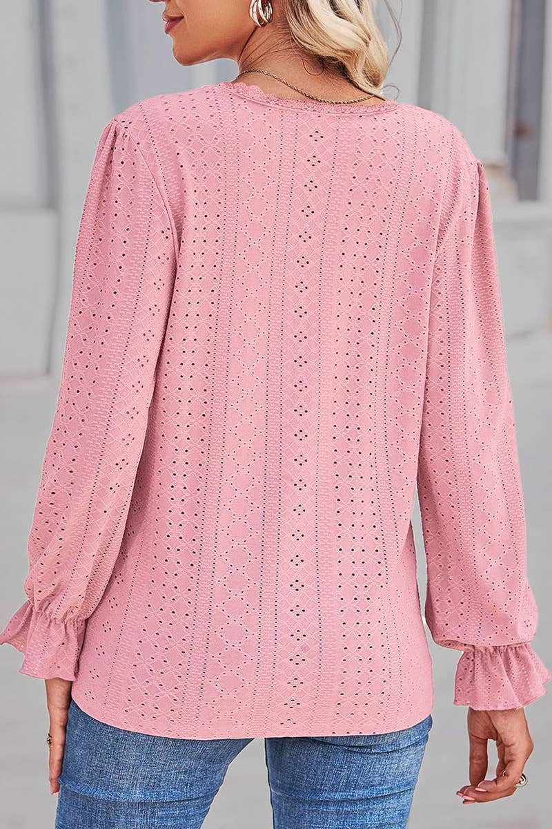 WOMEN LACE TRIM NECK EYELET LONG SLEEVE SHIRT TOP_CWTSTL0301