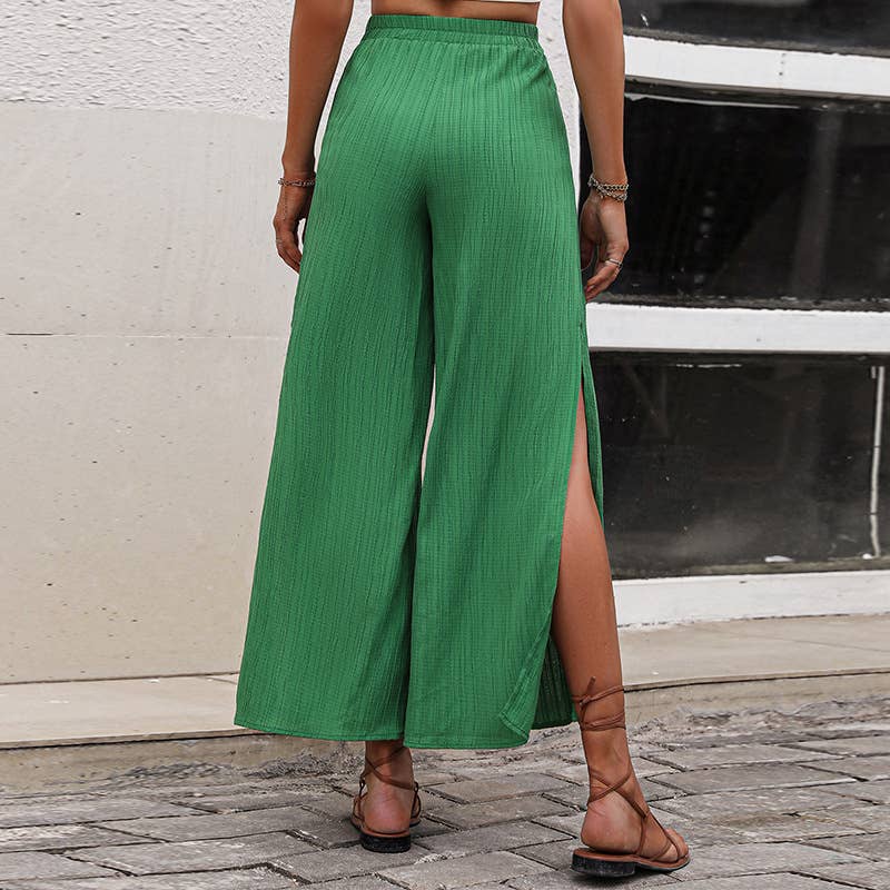 SIDE SLIT HIGH-WAISTED CASUAL WIDE-LEG PANTS