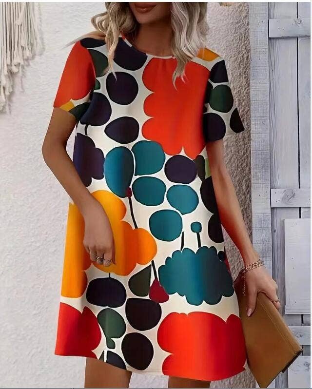 Holiday print crew neck short-sleeved dress