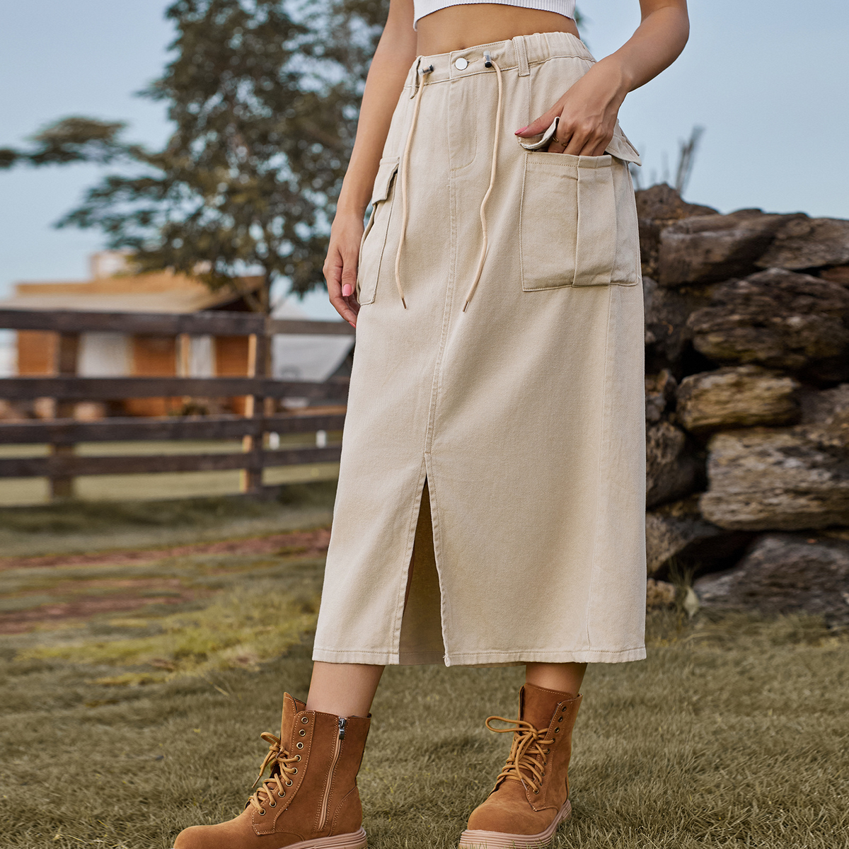 Washed Denim Cargo Skirt with Slit for Women