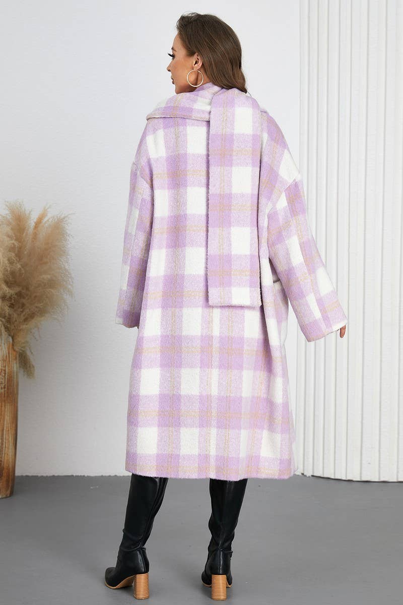 CWOCO0946_DOUBLE BREASTED PLAID V-NECK SCARF COAT