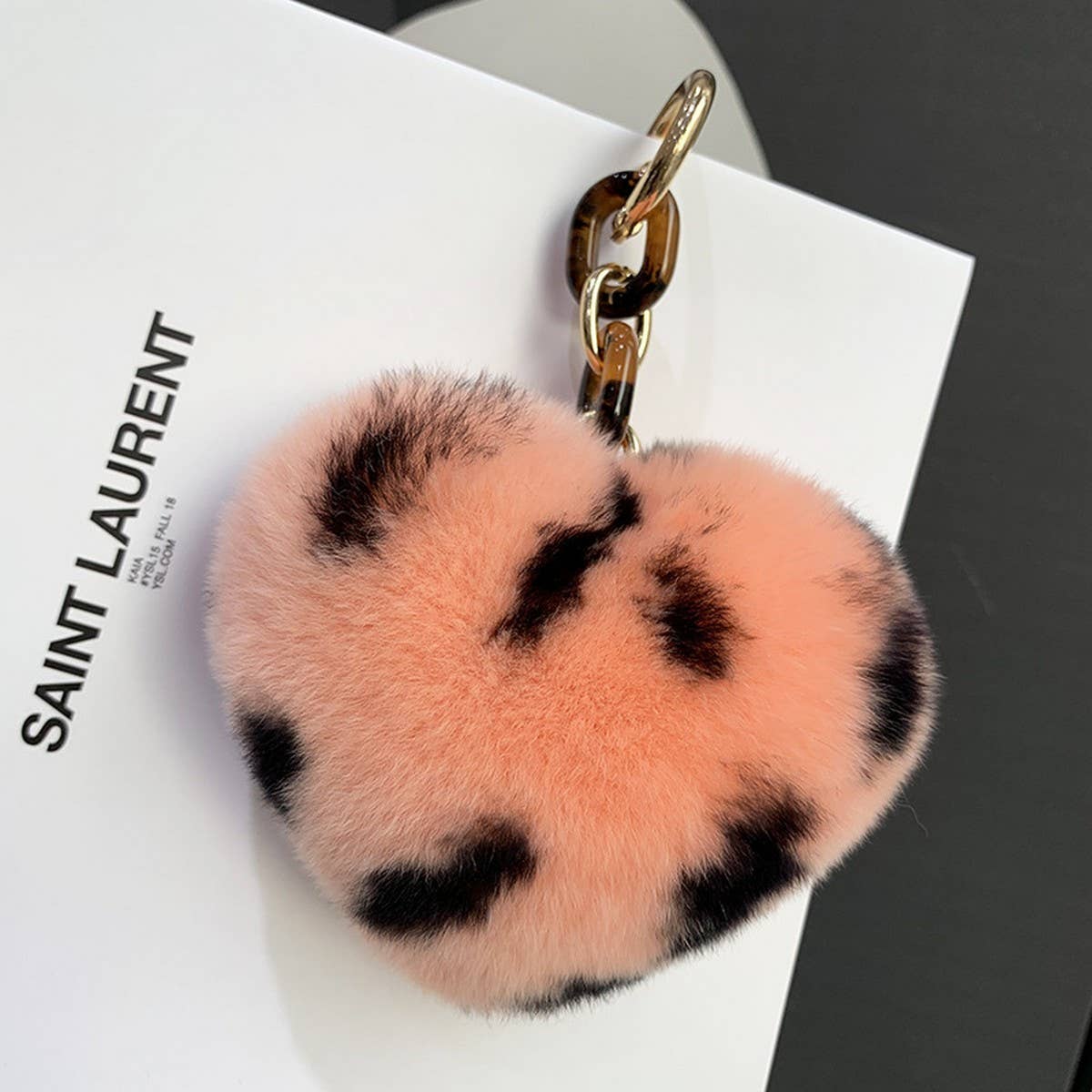 LEOPARD PRINT FUR BALL HEART SHAPE BAG KEYCHAIN