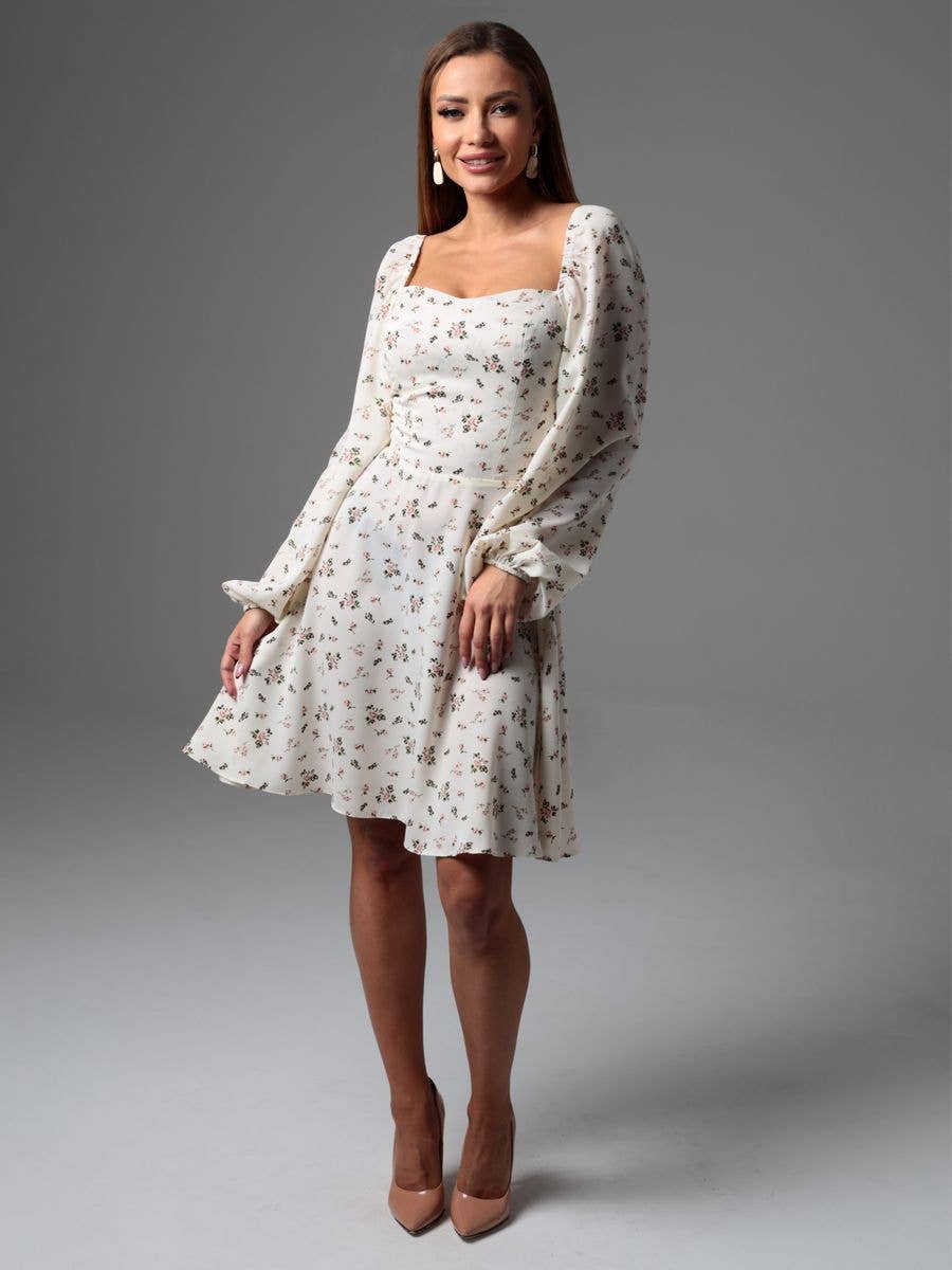 Puffed sleeve floral print lace-up dress