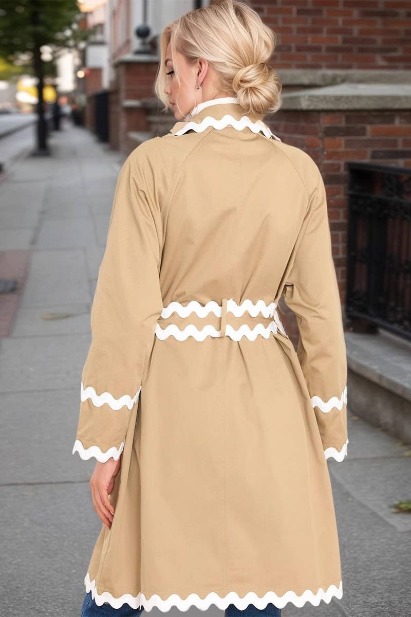 CWOCO1280_WHITE RUFFLED COLLAR DOUBLE-BREASTED BELTED COATS