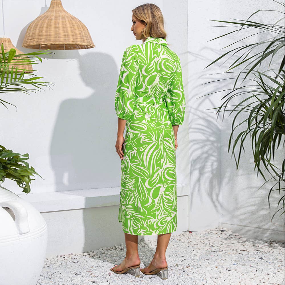 V-neck tie abstract printed long-sleeved dress