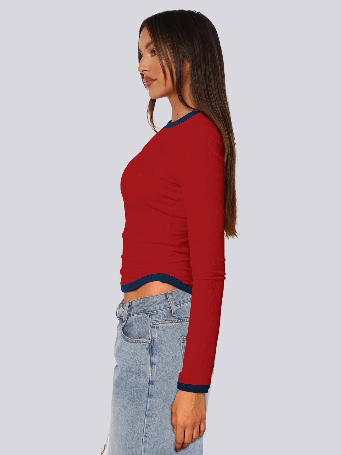 LONG SLEEVE ROUND NECK SLIM-FIT COLOR SHORT TOP