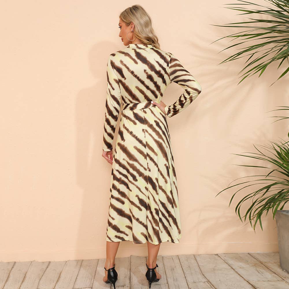 PRINT SEMI-HIGH NECK LONG SLEEVE SLIT LONG DRESS