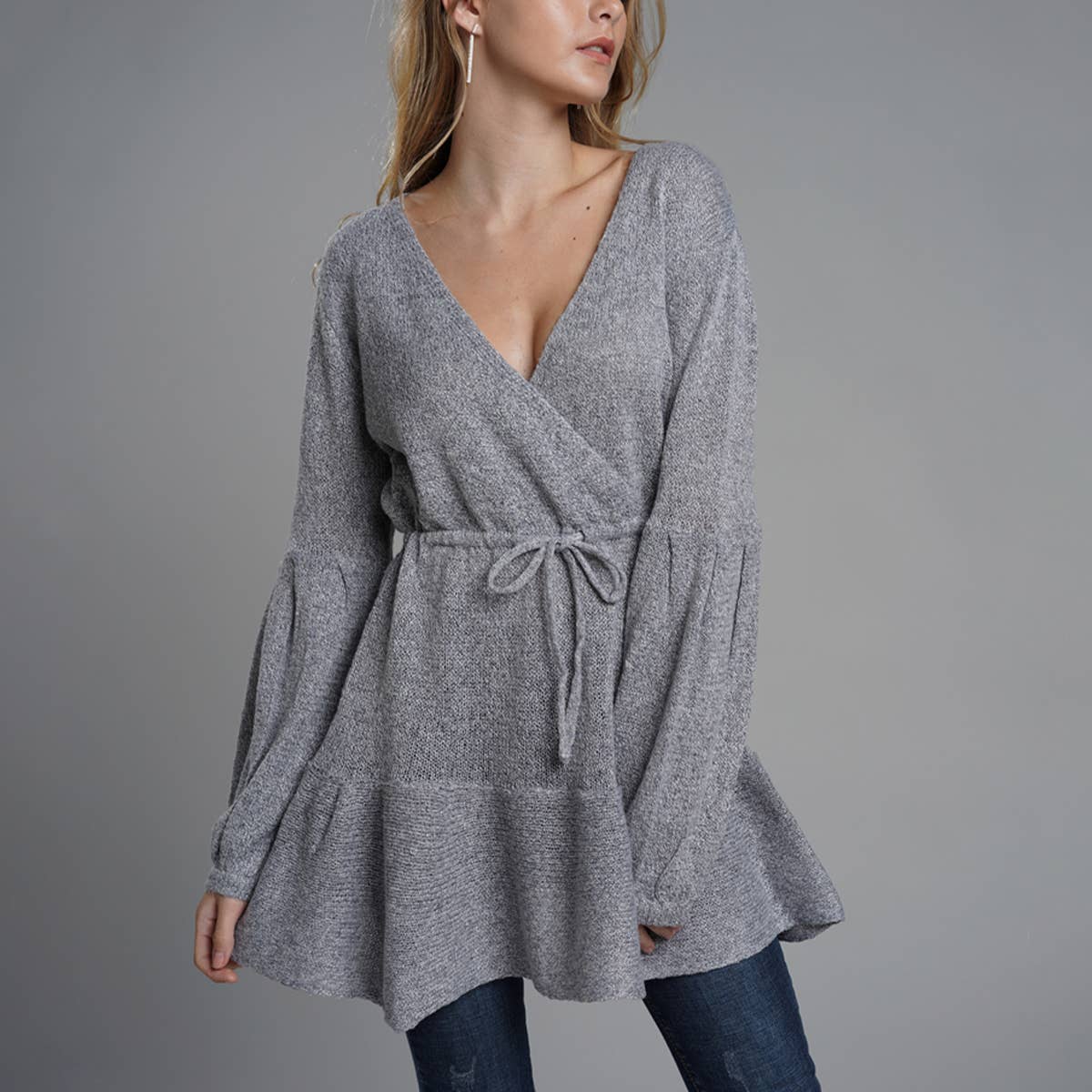 SOLID COLOR TIE V-NECK SWEATER LONG SWEATER