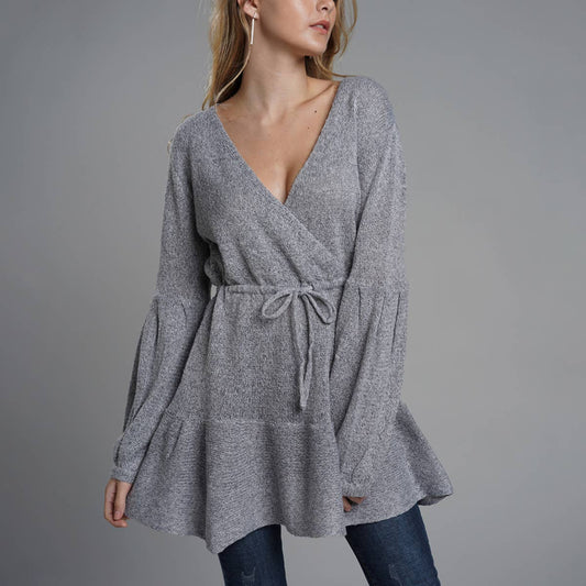 SOLID COLOR TIE V-NECK SWEATER LONG SWEATER