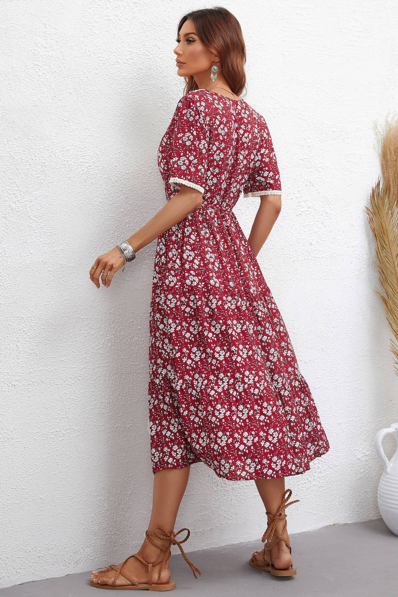 V-NECK FASHION PRINT SLIM-FIT WAISTLINE DRESS