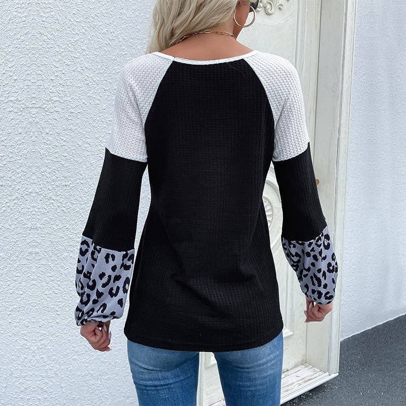 LEOPARD PRINT PATCHWORK LONG SLEEVE COLOR SWEATER