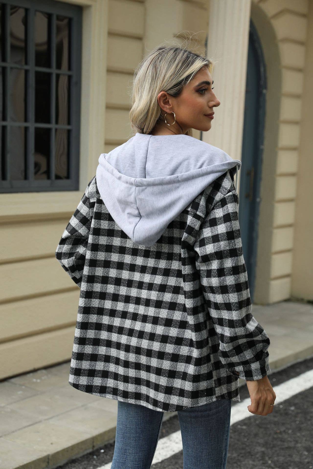 HOOD PLAID PATCHWORK SINGLE BREASTED WOOLEN COAT