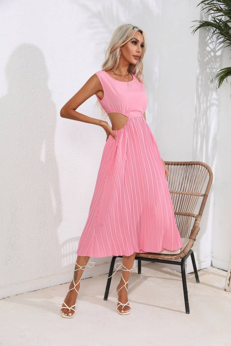 CWDSD2930_Round Neck Sleeveless Winkled Texture Dress