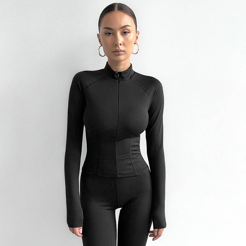 LAPEL ZIPPER PULLOVER LINE WAIST YOGA T-SHIRT