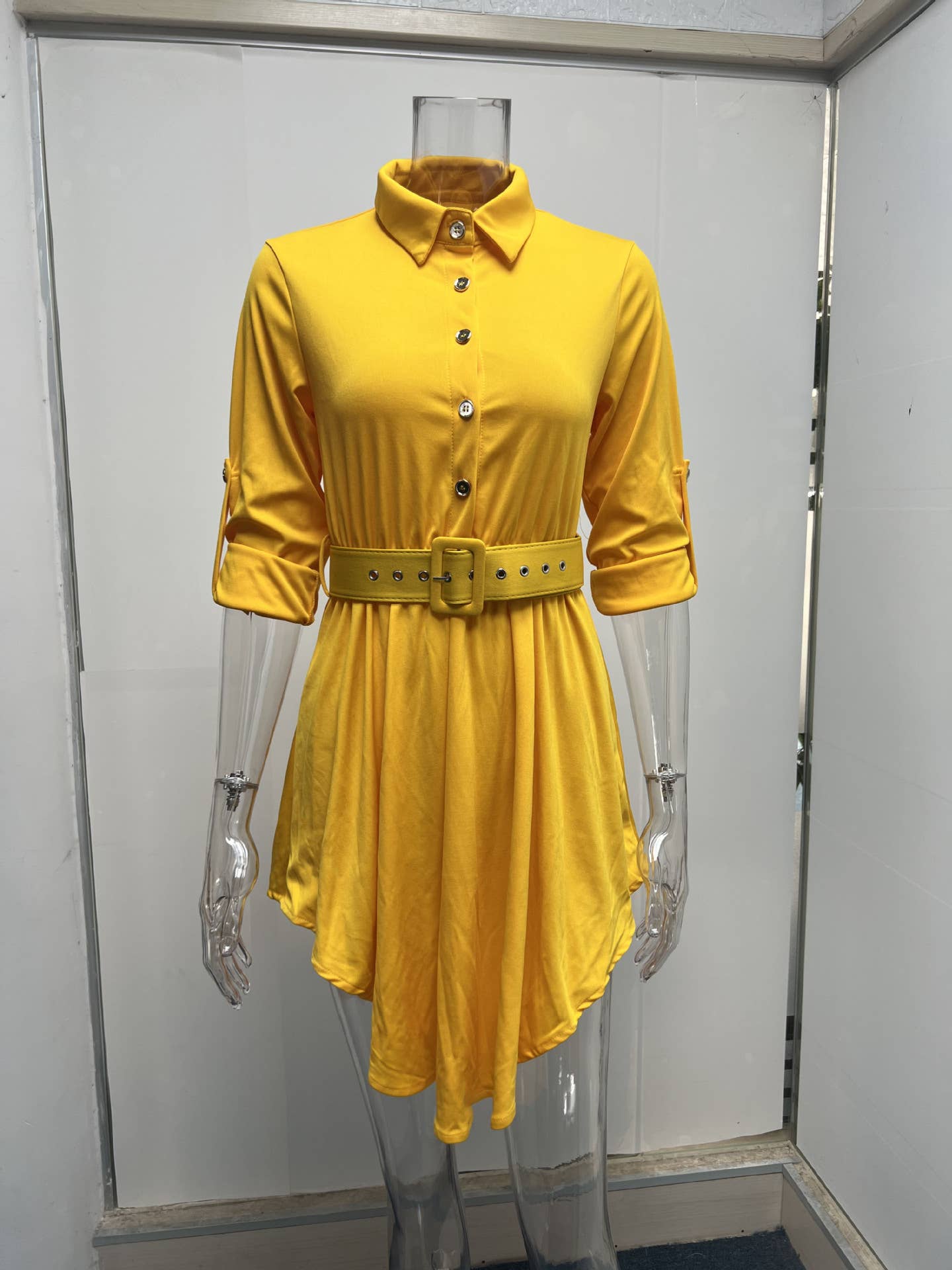 Rolled-up sleeves cinched waist shirt dress