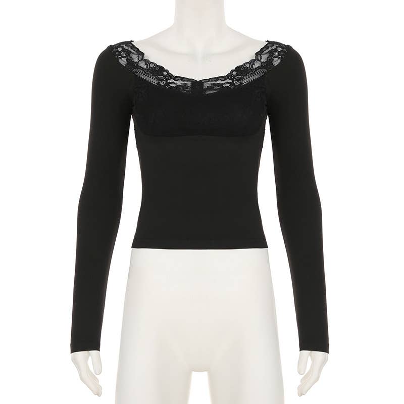 U-neck slim fit lace patchwork long sleeve Top