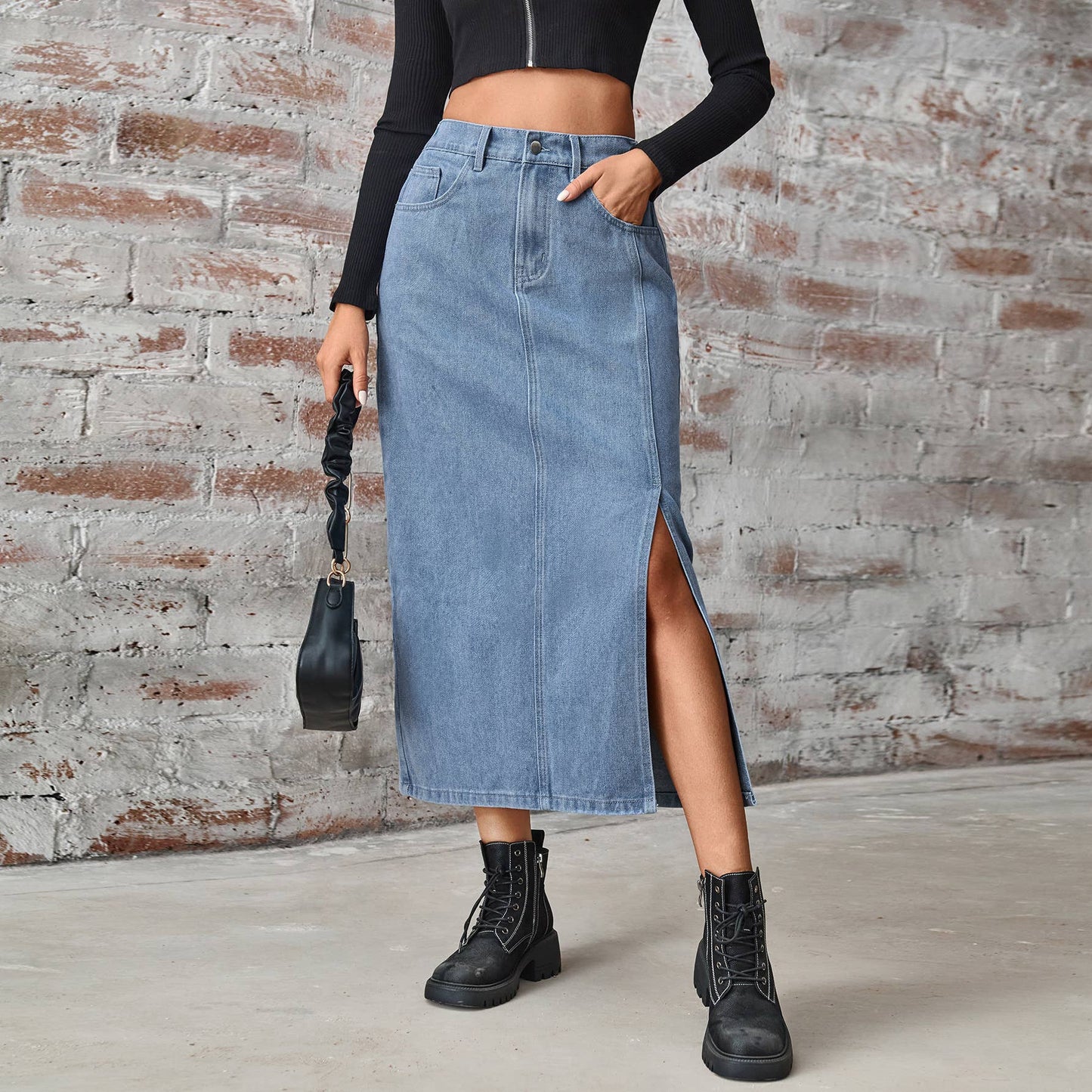 Denim wash elastic waist long slit straight skirt