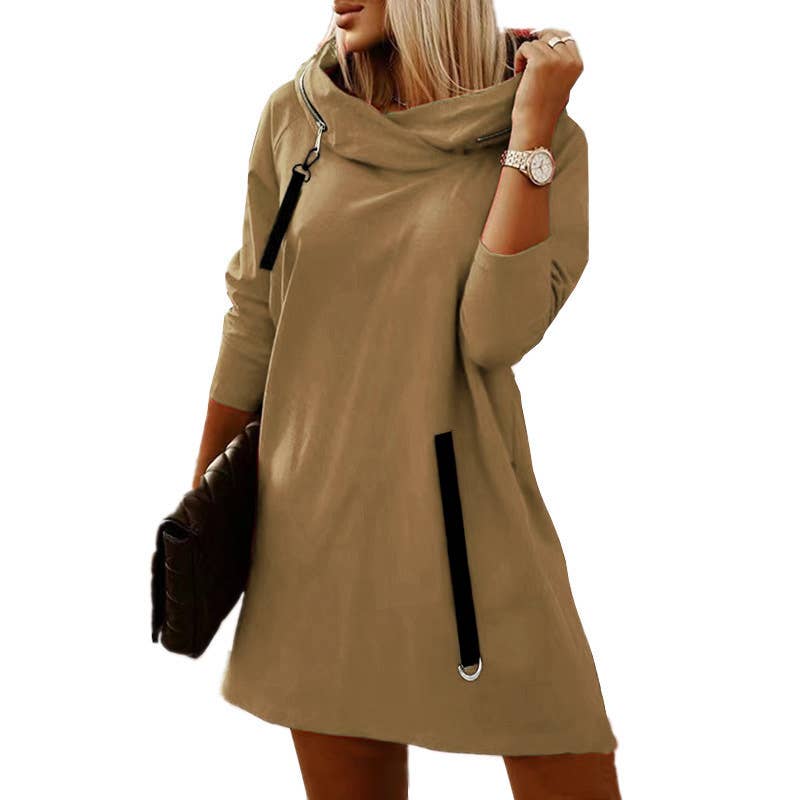 LOOSE ZIPPER HOODED LONG-SLEEVED SOLID COLOR DRESS