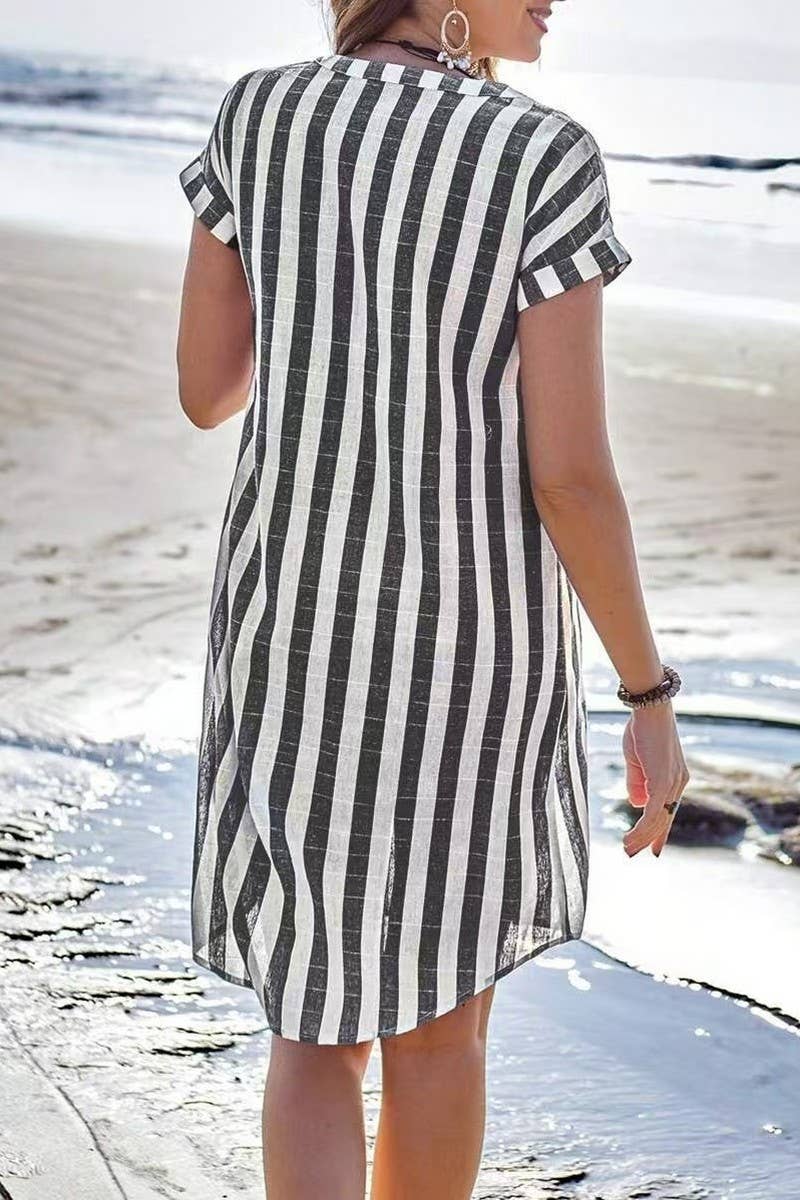 CWDMD5586_ELEGANT WOMEN'S STRIPED V NECK MIDI DRESS