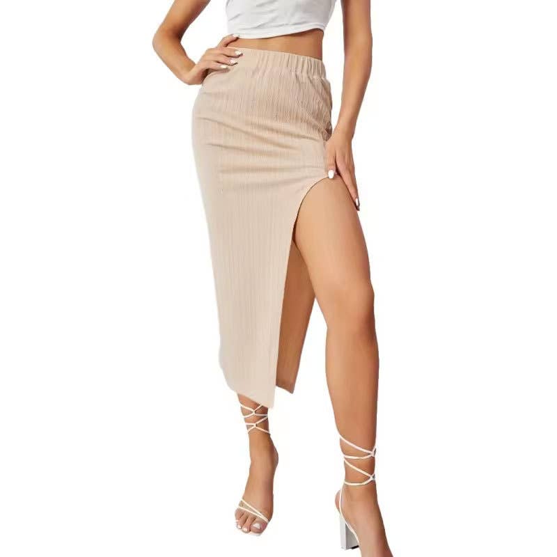 HIGH-WAISTED STRIPED HIGH-SLIT KNITTED SKIRT