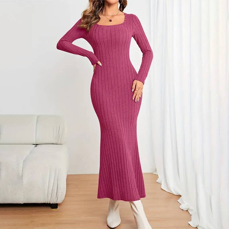SQUARE COLLAR SOLID COLOR LONG LONG-SLEEVED DRESS