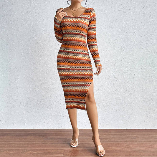 STYLISH WAVY COLOR STRIPED SLIM LONGSLEEVED DRESS
