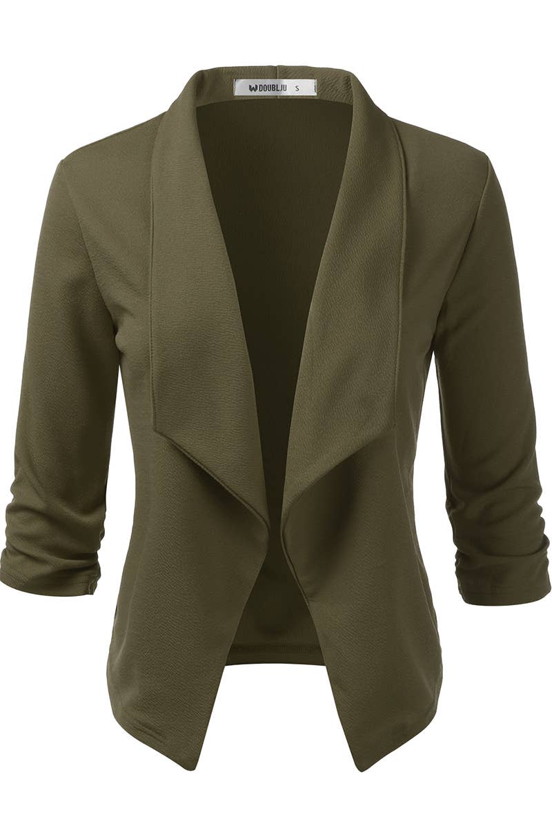 CWOBL091_Casual Work Ruched 3/4 Slv Open Front Blazer Jacket