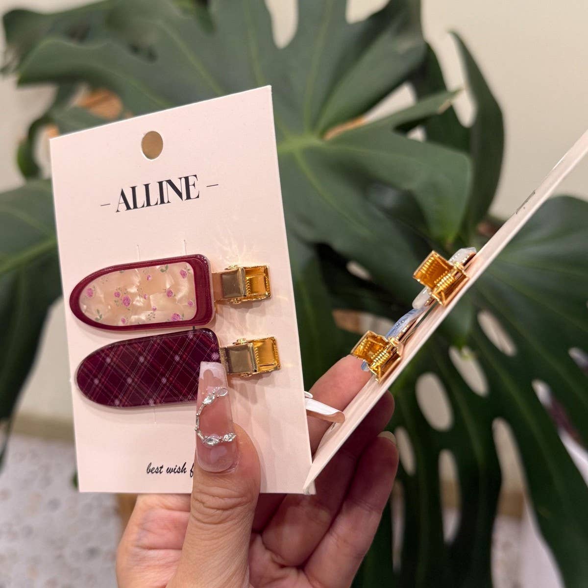 CWAHA4452_FLORAL CHECKERED ALL-MATCH CUTE SEAMLESS HAIRPIN