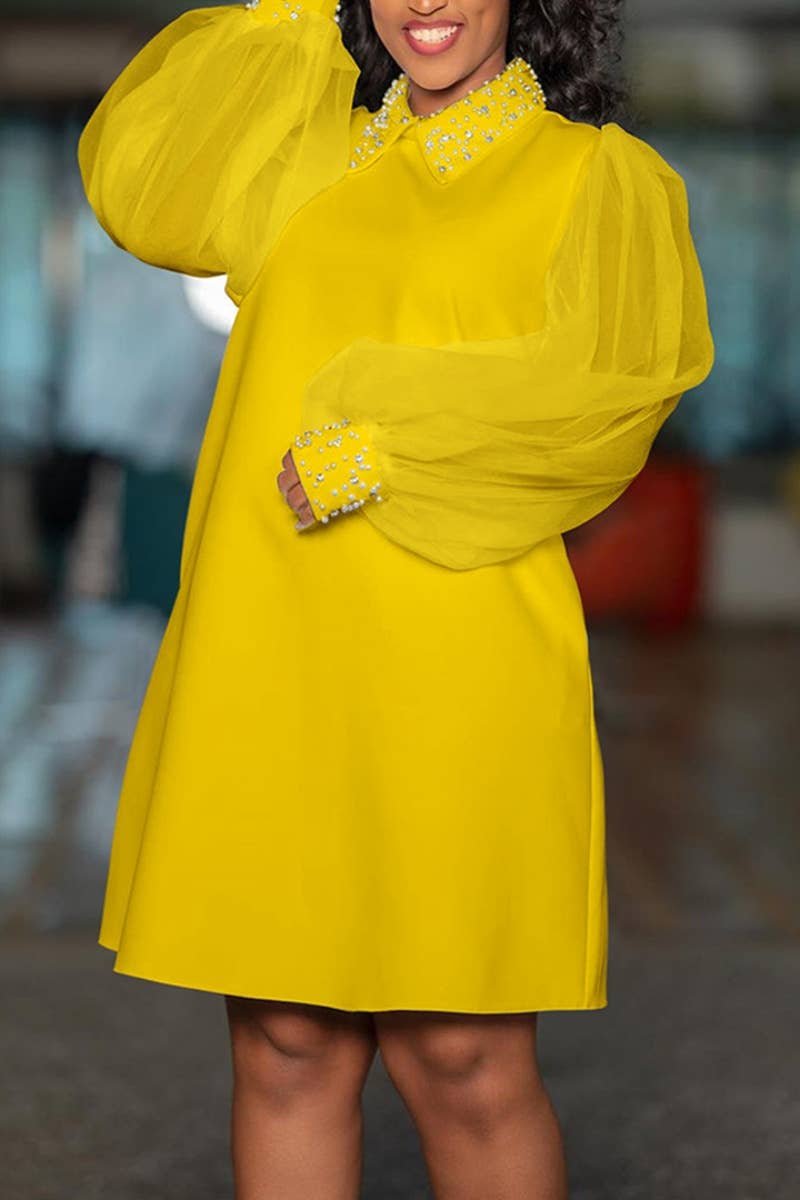 CWDSD6395_FALL MESH SEE-THROUGH BEADED LONG-SLEEVED DRESS