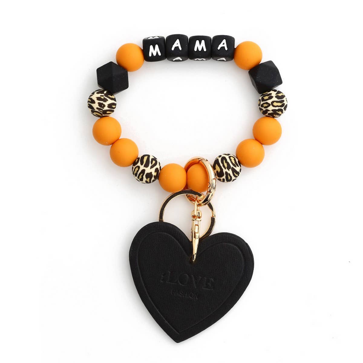 Leopard Print Silicone Bead Heart Bracelet Keychain_CWAB5018
