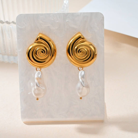 Stylish 18K Stainless Steel Conch Pearl Earrings_CWMM8904