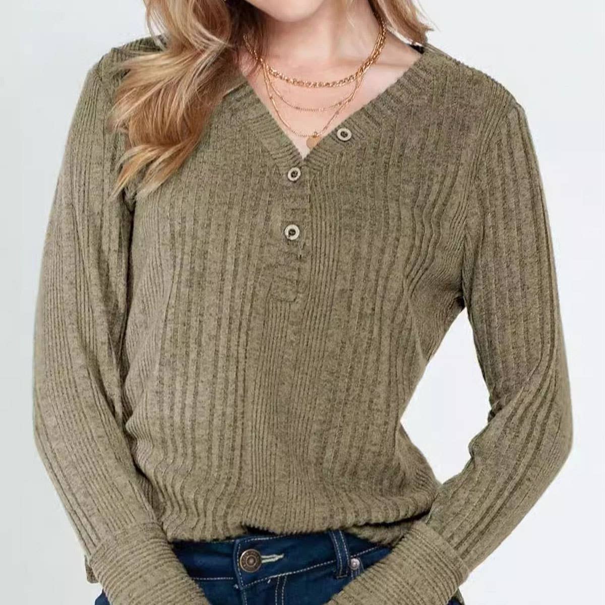 SOLID COLOR V-NECK BUTTON LOOSE T-SHIRT TOP